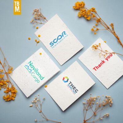 cartes en papier ensemencé à planter, goodies made in france écologique, logos scor naviland et theg