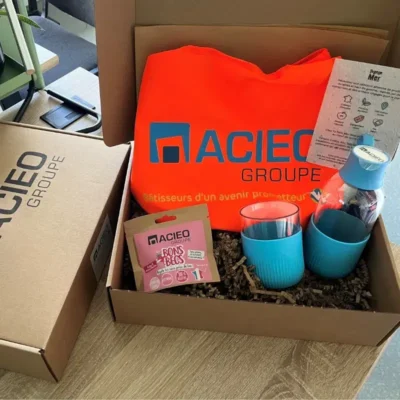 welcome pack acieo groupe, kit de bienvenue ecoresponsable made in France conditionne en ESAT