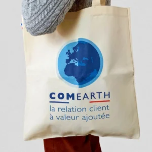 Tote bag coton bio Made in France avec logo comearth, tote bag bio personnalisé fabriqué en ESAT