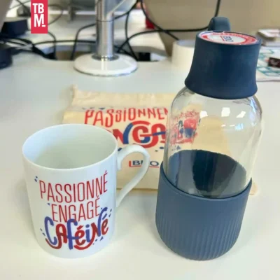 BDO mug en porcelaine, gourde en verre, pochon oeko tex, goodies made in France portfolio ta belle mer