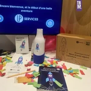 welcome pack lp services, kit de bienvenue nouveaux collaborateurs avec gourde made in France, crayon, carnet, carte à planter