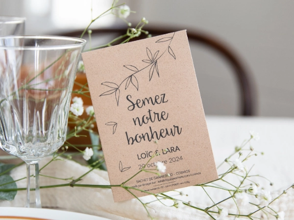 Sachet graines mariage personnalisé Made in France conditionné en ESAT, cadeau invité mariage