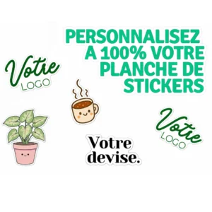 planche stickers personnalisés Made in France avec visuels variés, autocollants publicitaires personnalisés