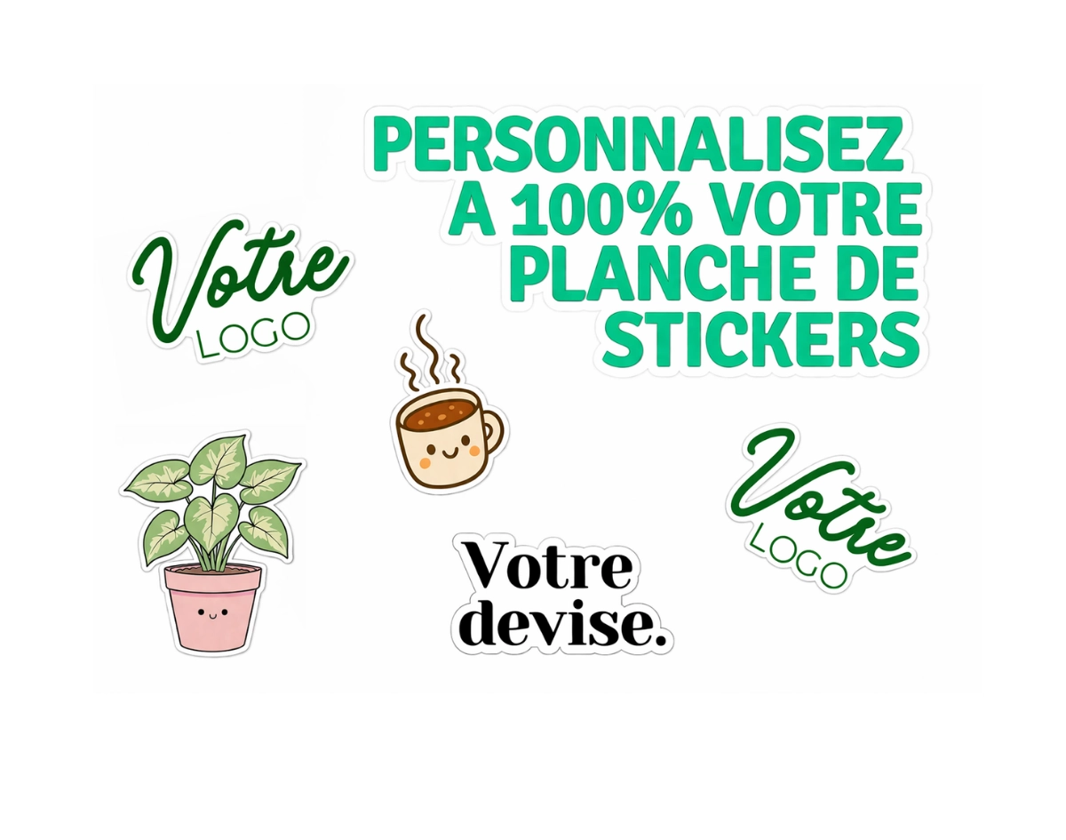 planche stickers personnalisés Made in France avec visuels variés, autocollants publicitaires personnalisés